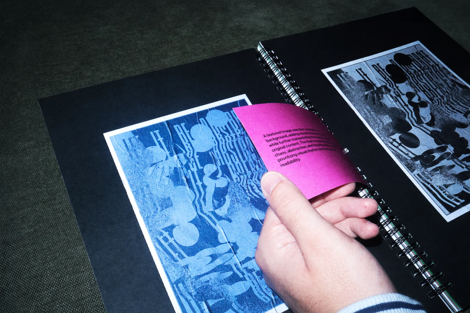 A spread with cyan risograph-style imagery and a magenta insert
