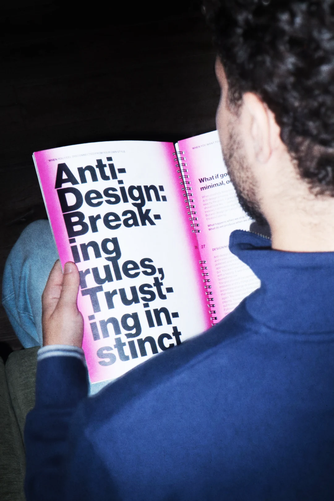A spread reading “Anti-Design: Breaking rules, Trusting instinct” in magenta