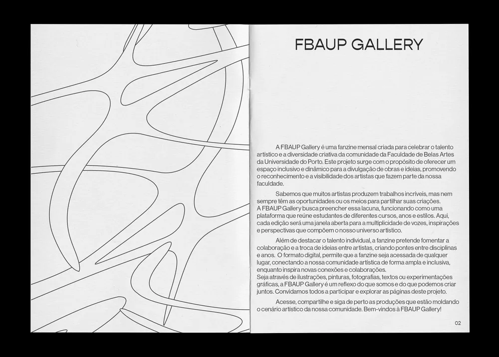 Opening spread introducing the fanzine over a continuous line drawing