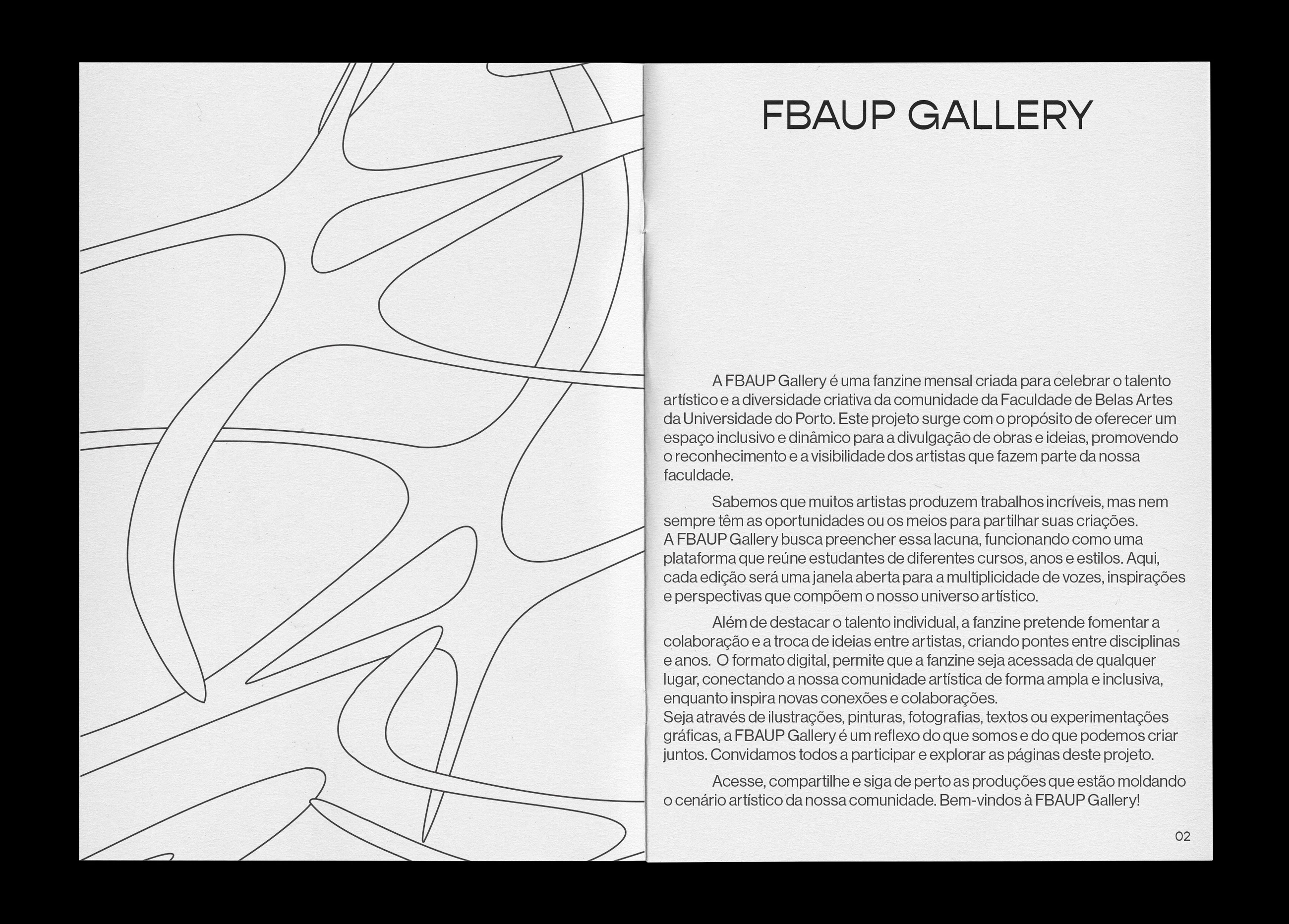 Opening spread introducing the fanzine over a continuous line drawing