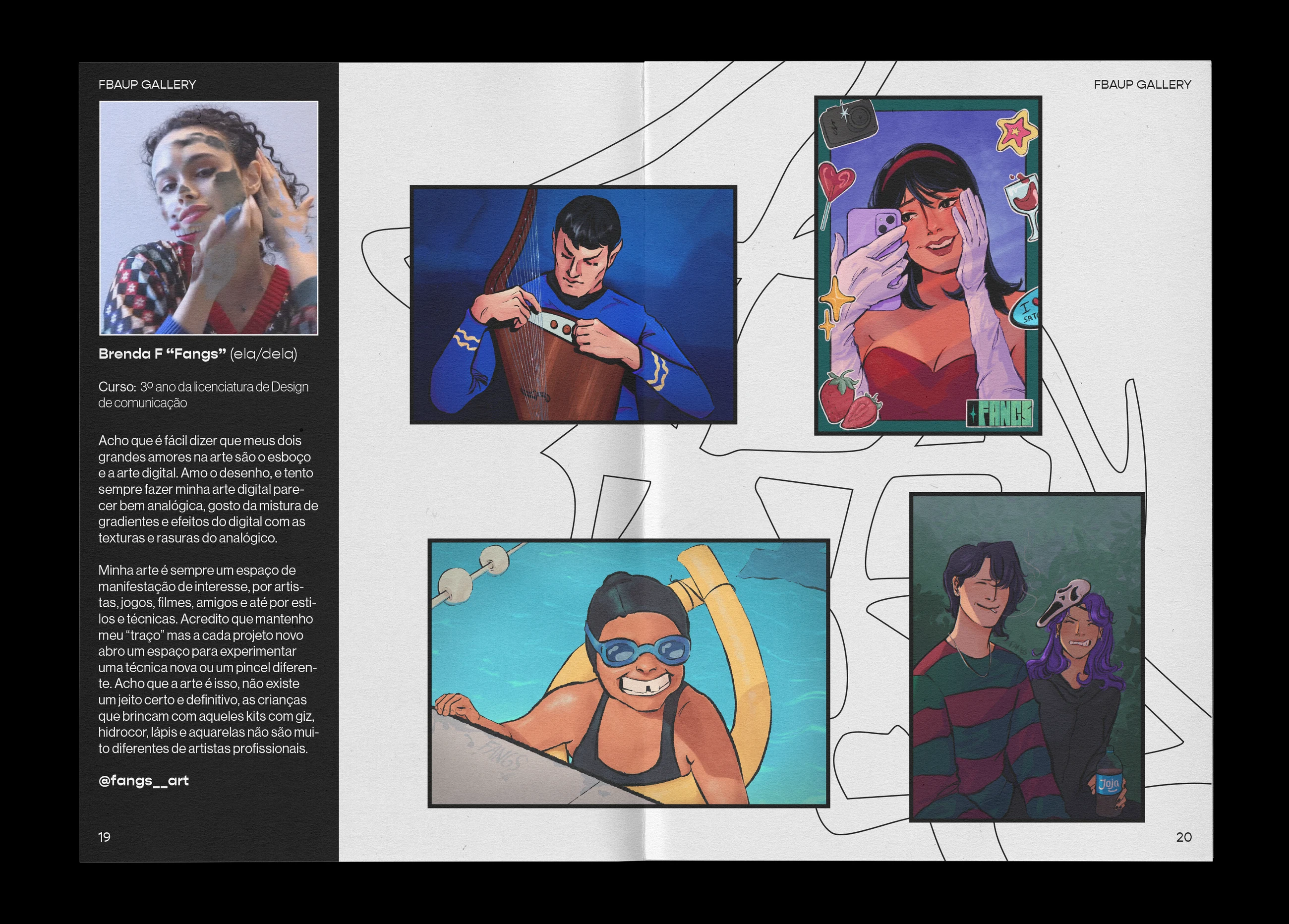 Artist spread — Brenda F, with bold character illustration