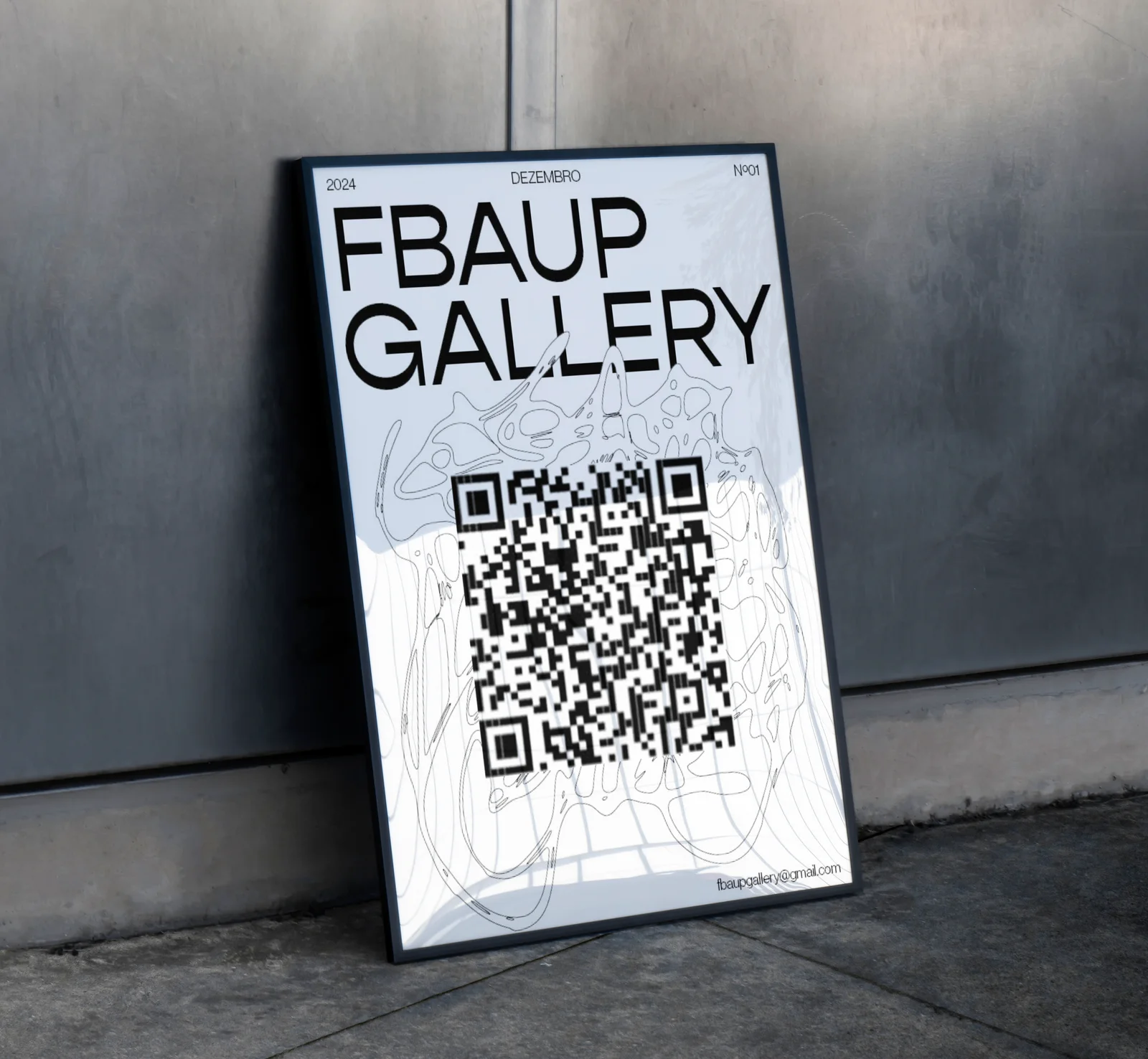 The open-call poster, framed and leaning against a wall, with the QR code over the amoeba line drawing