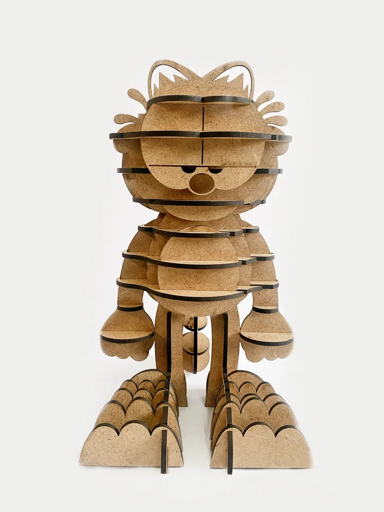 The assembled Garfield figure seen from the front, built from stacked MDF sections