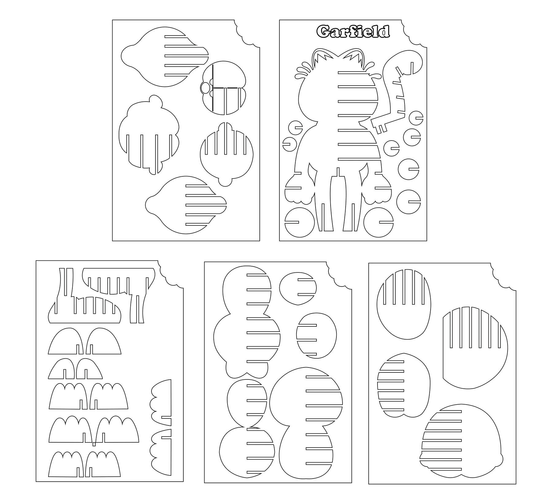 The laser-cut panel layout for every section of the figure, sheet by sheet