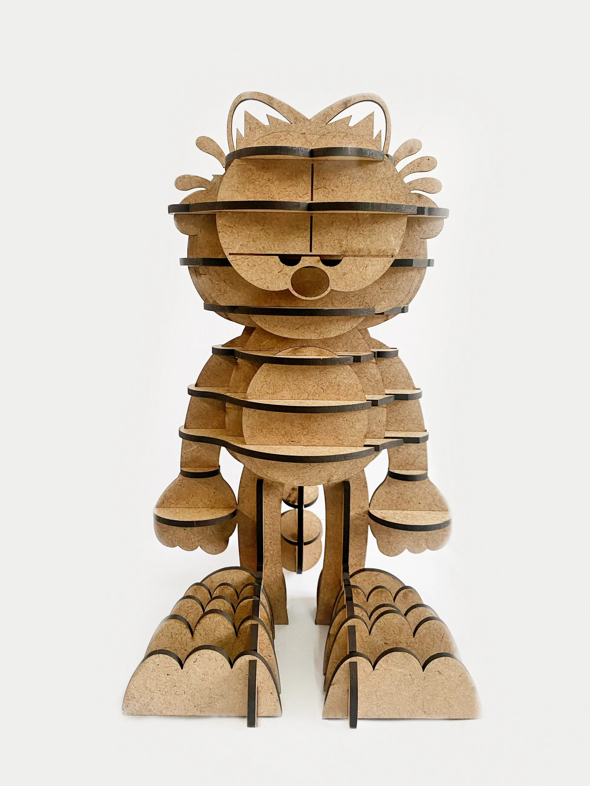 The assembled Garfield figure seen from the front, built from stacked MDF sections
