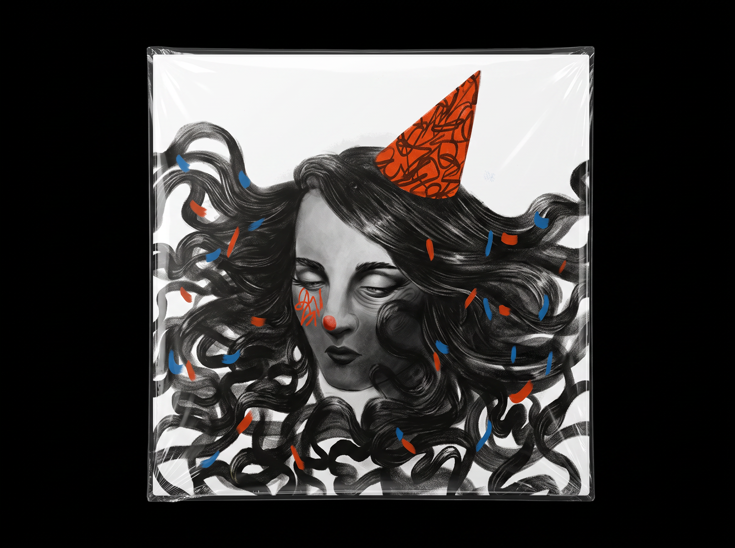 The illustrated Pity Party vinyl sleeve wrapped in clear plastic
