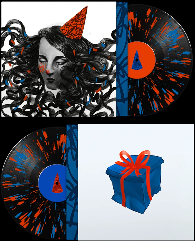 Two views of the illustrated Pity Party vinyl sleeve and record