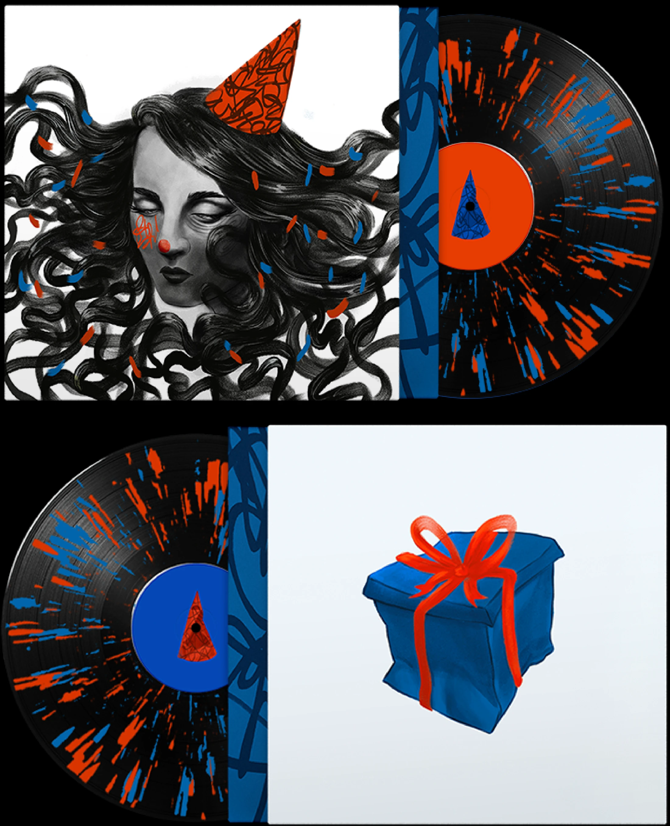 Two views of the illustrated Pity Party vinyl sleeve and record